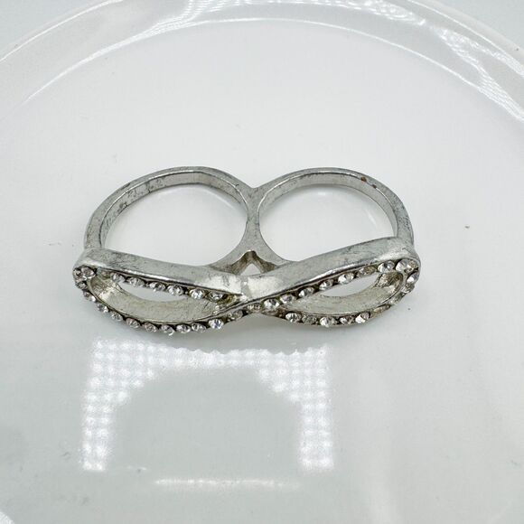 Vintage Two Finger Infinity Rhinestone Ring Statement Bling Unique Edgy Glamour - Picture 4 of 10